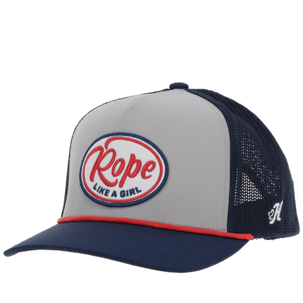 profile view of grey and navy RLAG hat with red, white, navy patch and red rope detail