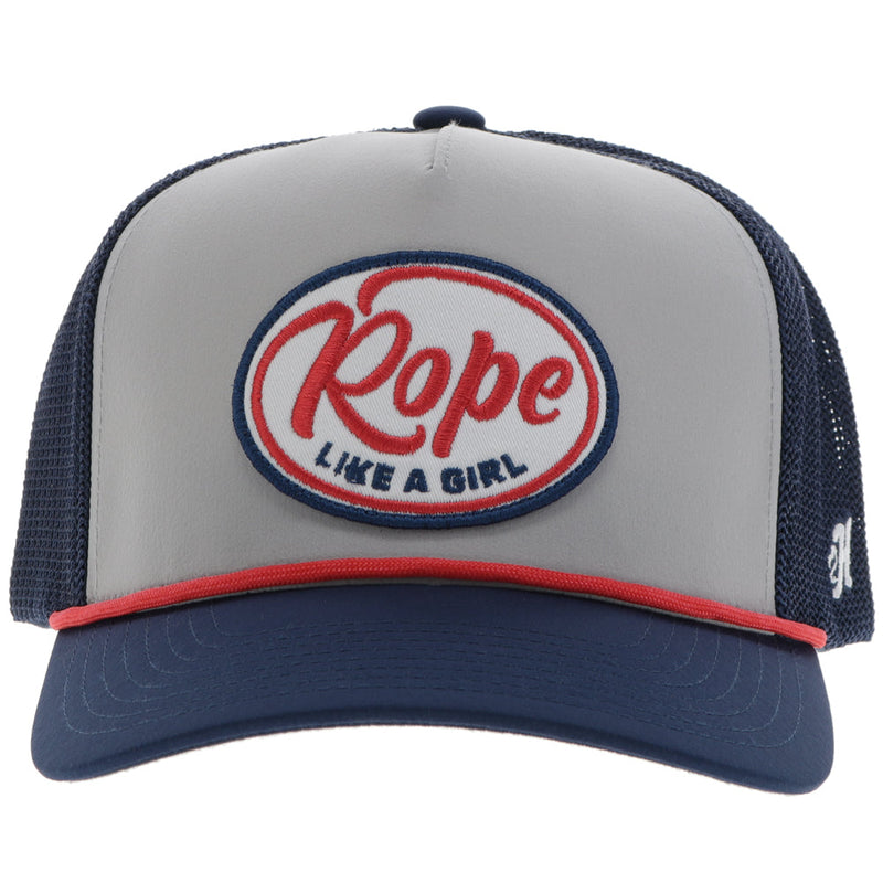 front of Hooey RLAG hat with black mesh, grey front panel, navy curved bill, and red rope detail and white, red, navy Rope Like A Girl patch