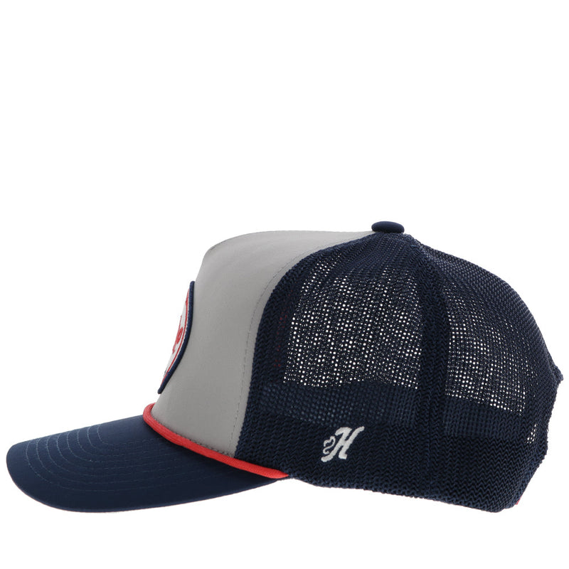 left side of RLAG hat with navy bill, mesh, and grey front panel, red rope detail, and white H logo