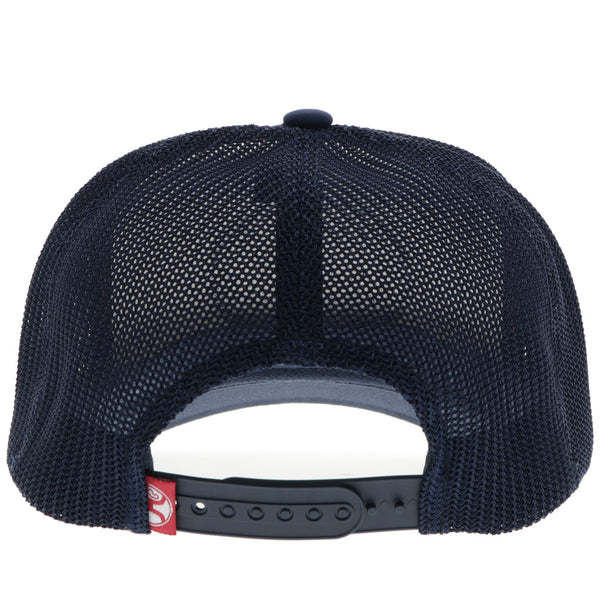 back of grey and navy RLAG hat with navy mesh and black snap bands