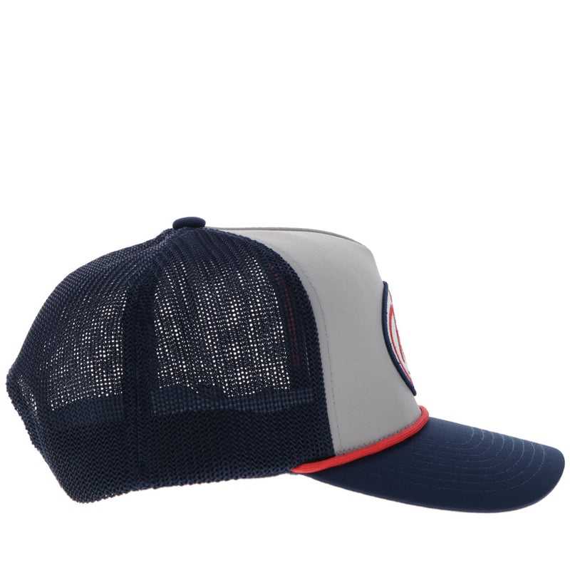 right side of hooey hat with black mesh, grey front panel, navy curved bill, and red rope detail