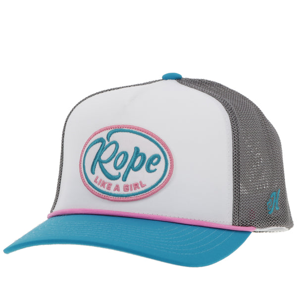 front profile of blue, white, grey RLAG hat with grey mesh, blue cill, white front panel with pink rope detail and blue, pink, white patch