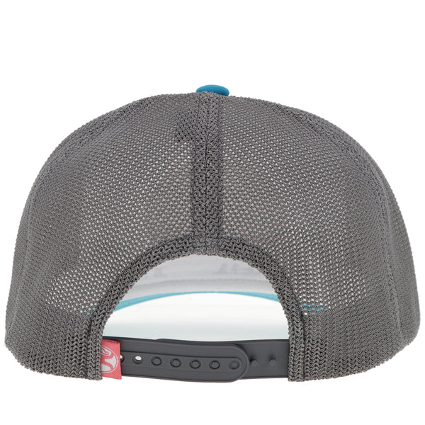 back of grey, blue, white RLAG hat with grey mesh and snap bands