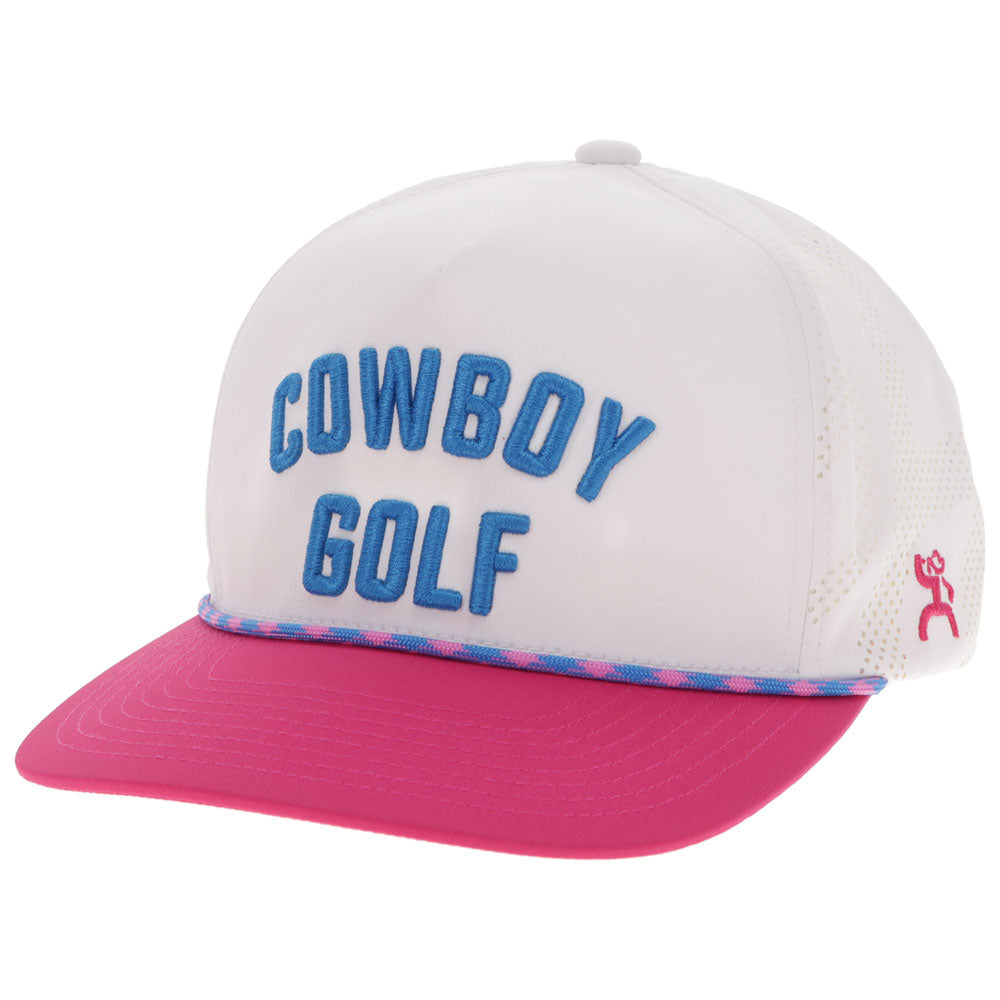 "Cowboy Golf" Hat White & Pink w/ Blue Stitching