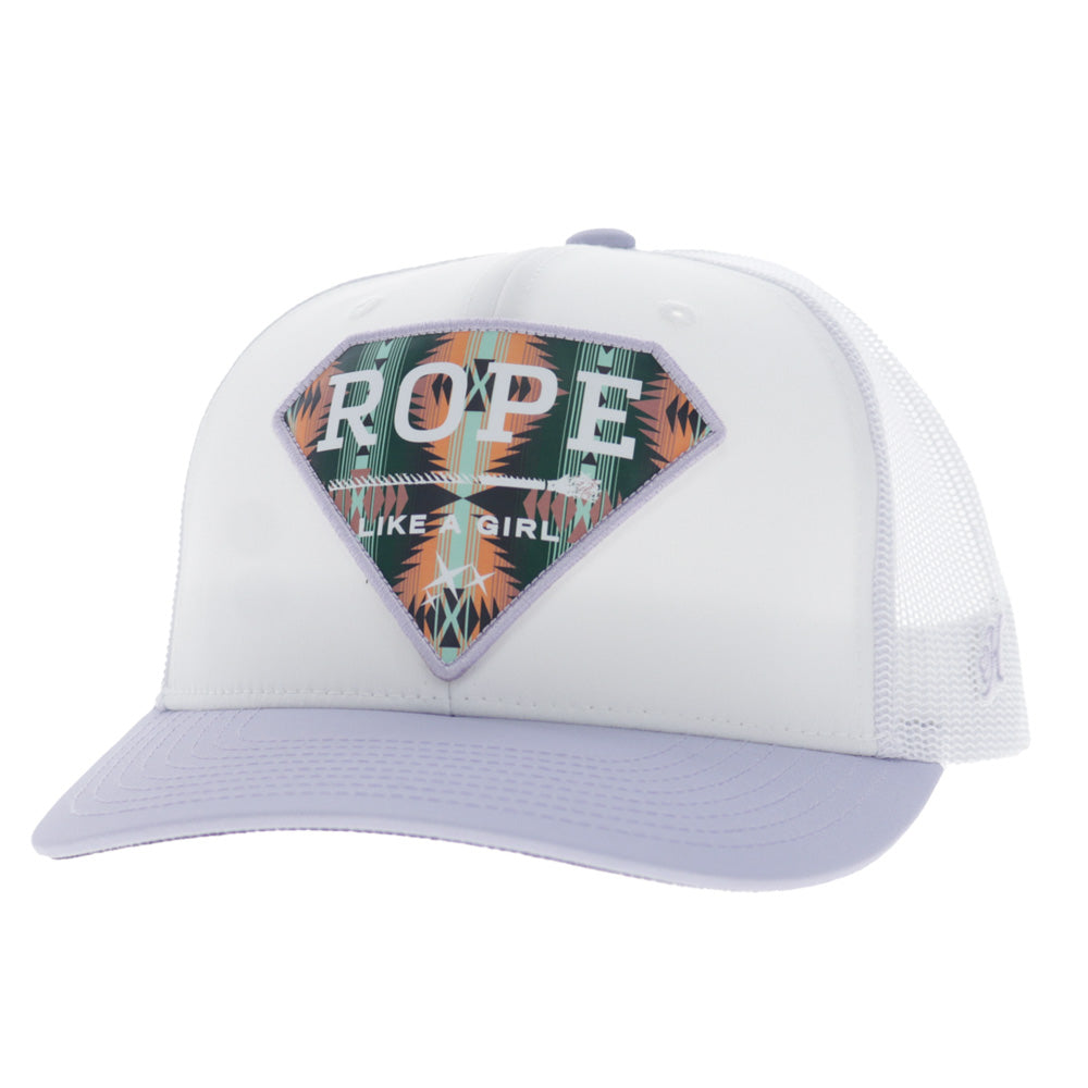 Rope Like A Girl 6-Panel Trucker Snapback Hat White/Purple