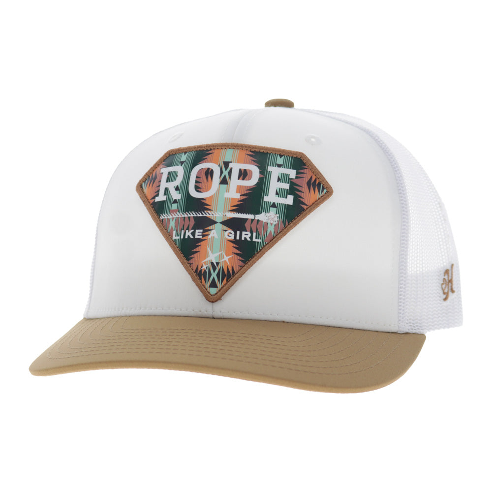 Rope Like A Girl 6-Panel Trucker Snapback Hat White/Tan