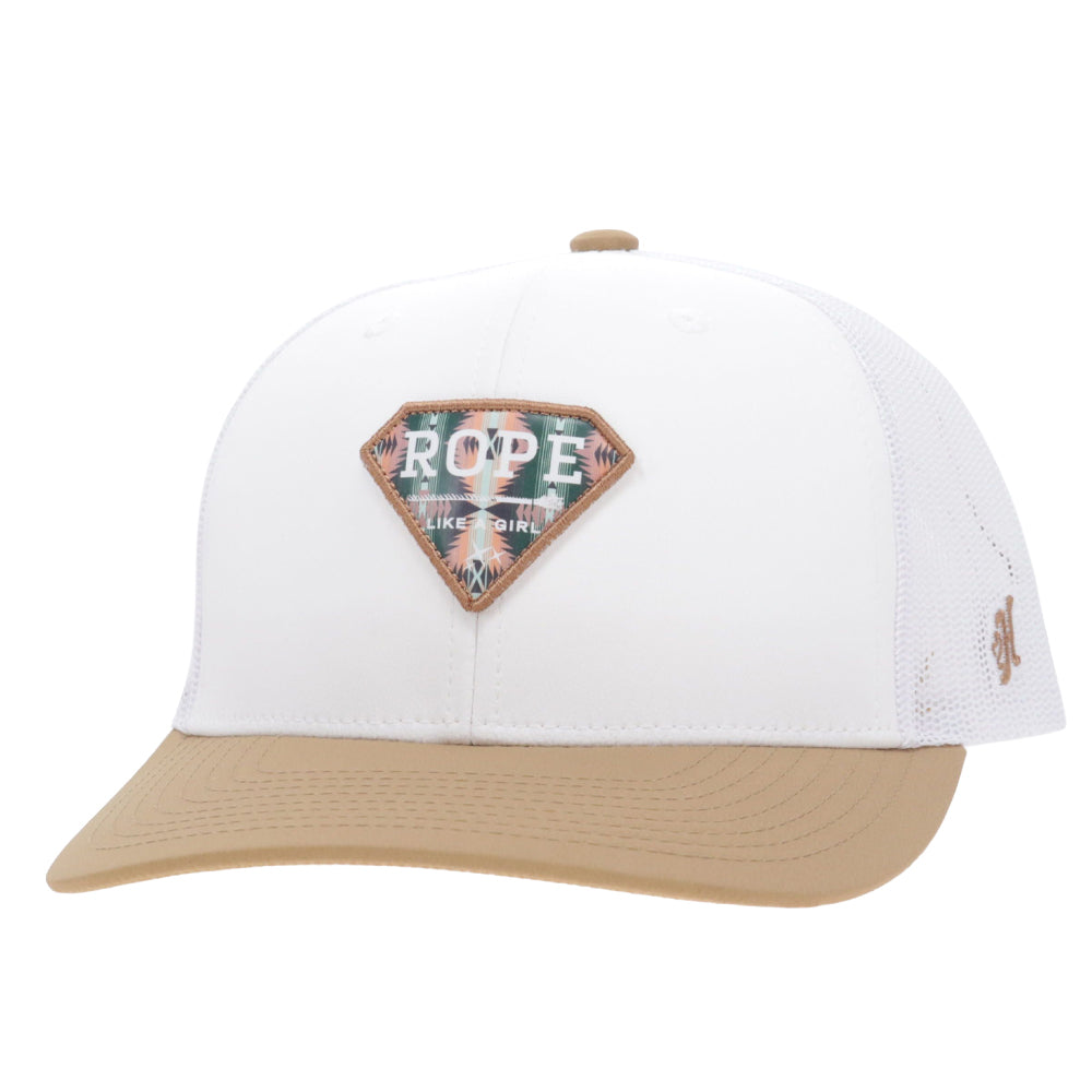 Rope Like A Girl 6-Panel Trucker Snapback Hat White/Tan