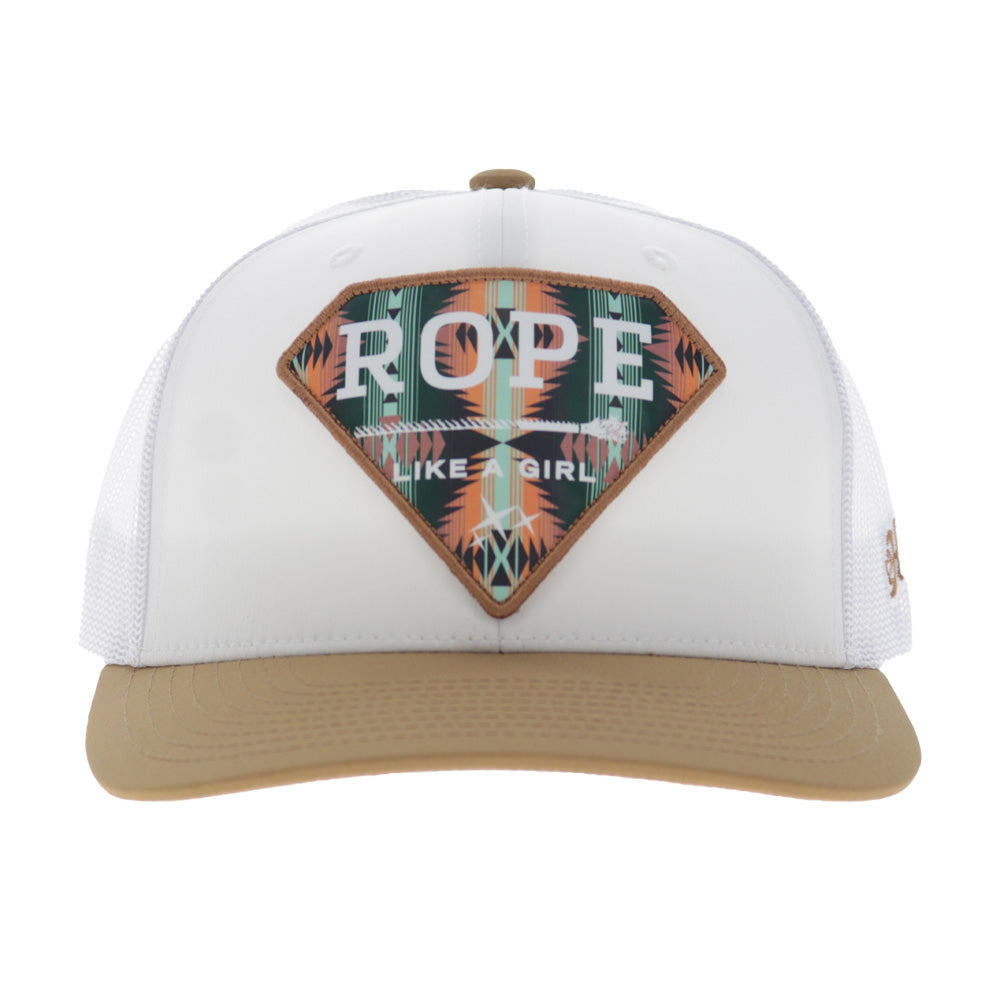 Rope Like A Girl 6-Panel Trucker Snapback Hat White/Tan