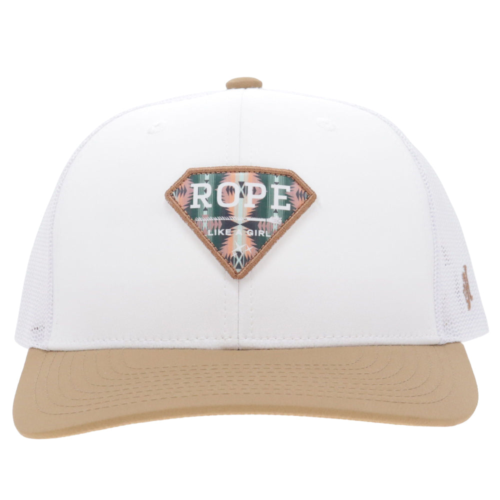 Rope Like A Girl 6-Panel Trucker Snapback Hat White/Tan