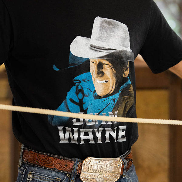 John Wayne black tee with john wayne image on a model
