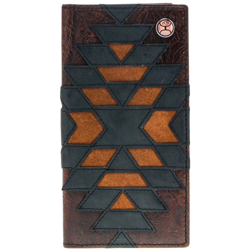 dark brown and black leather with wood look inlay, Aztec pattern, bi-fold