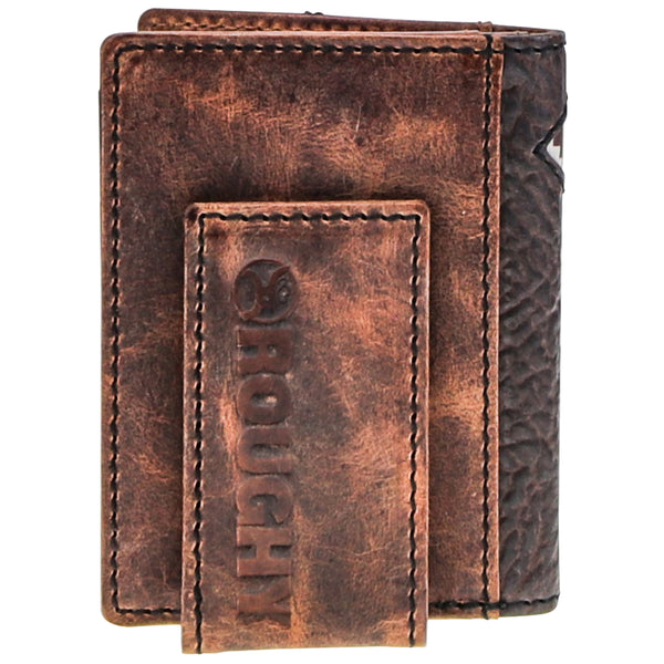 back of two toned brown leather wallet with Roughy logo on money clip