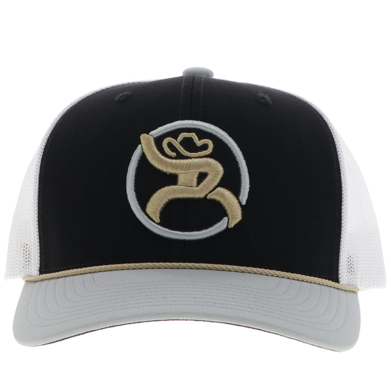 front of black white, grey Hooey Roughy hat with gold and white patch and gold rope detail