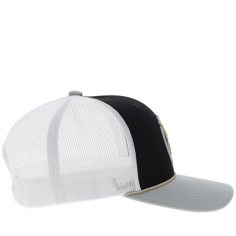 right side of black white, grey Hooey Roughy hat with gold and white patch and gold rope detail