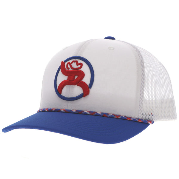 roughy hat with red logo, grey panels, blue bill