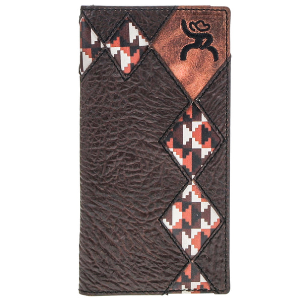black leather bi-fold with brown leather Hooey logo patch, and multi colored diamond shaped patches