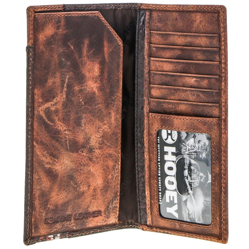 inside of brown leather bifold with hooey logo card insert and dark brown lining