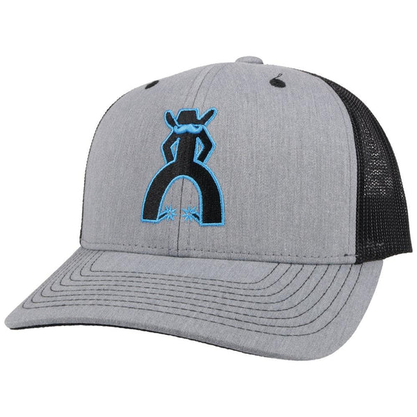 grey and black Hooey hat with punchy logo in blue and black