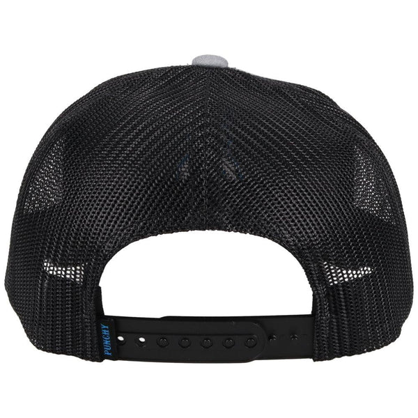back of black and grey hat with black mesh and snap bands