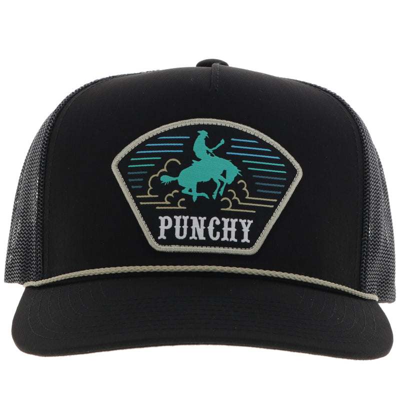 front of all black punchy hat with turquoise and white logo patch