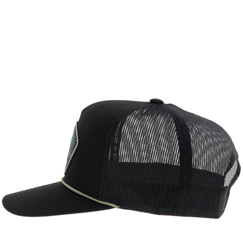 left side of black on black punchy hat with white rope detail