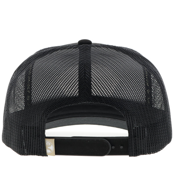 back of black on black Punch hat with black mesh and snap bands