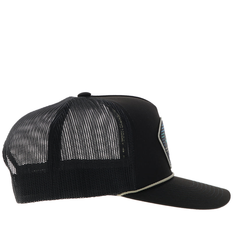 right side of black on black hooey hat with white rope detail