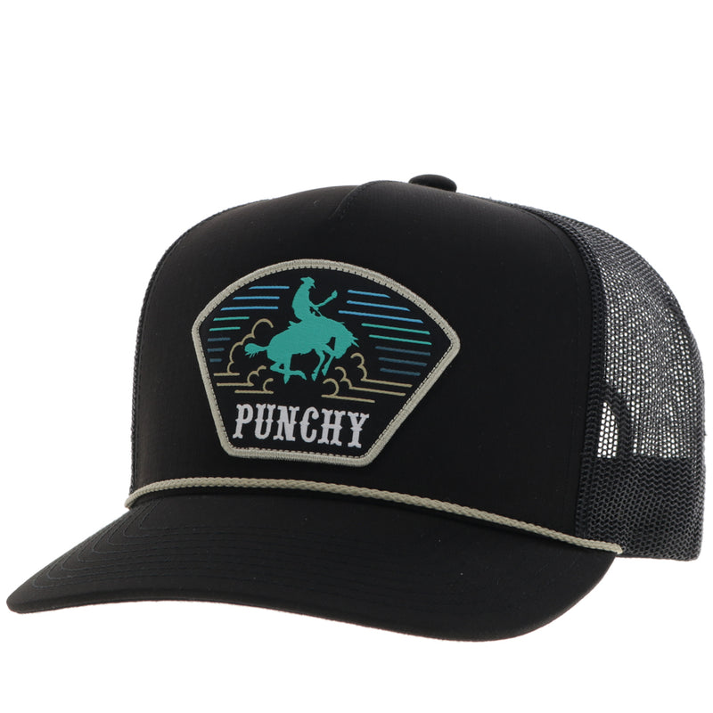 all black Punchy hat with turquoise and white logo patch