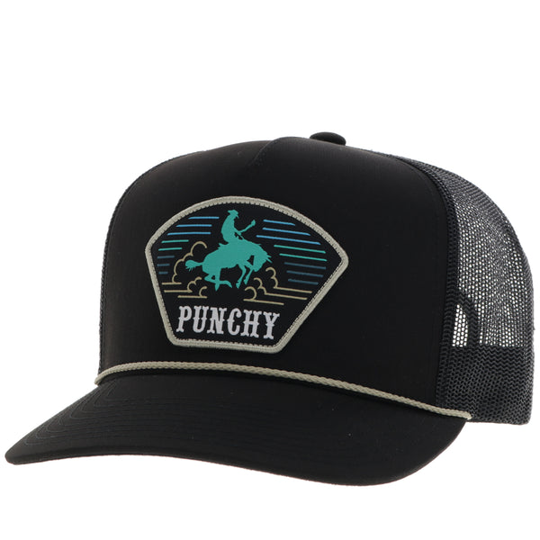profile view of black on black Punchy hat with white rope detail and teal, white, yellow, blue Punchy patch