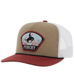 heather tan, maroon, and white Punchy hat with logo patch