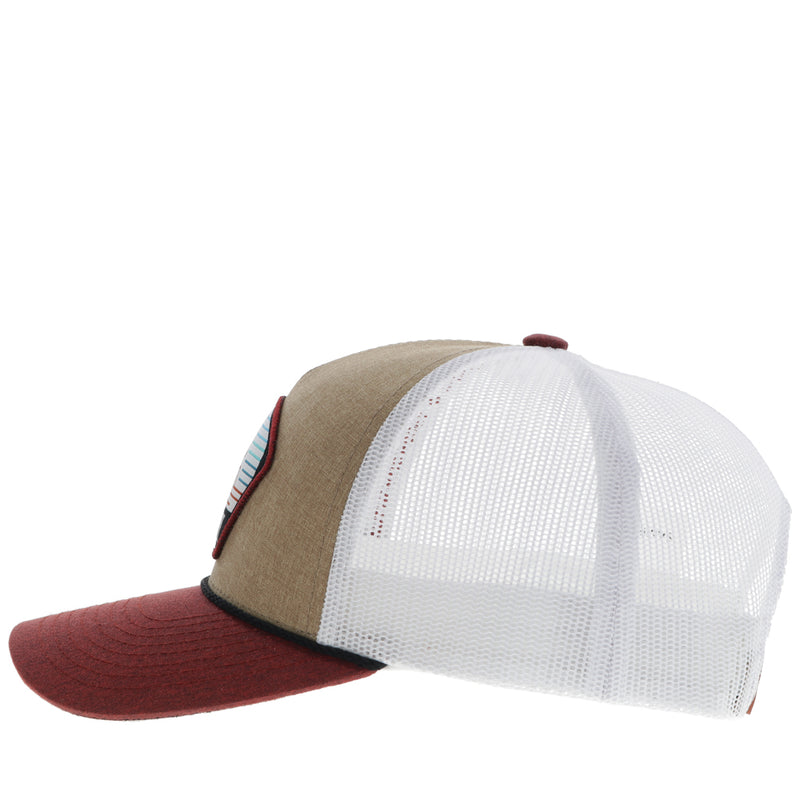 left side of white, tan, and maroon hooey hat