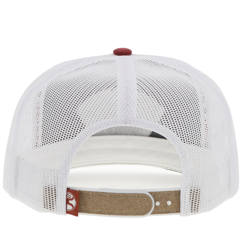 back of hooey hat with white mesh and heather tan snap bands