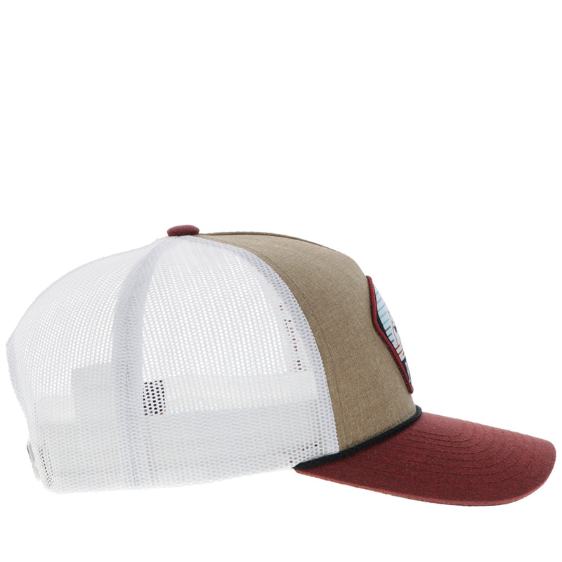 right side of white, maroon, and tan hooey hat
