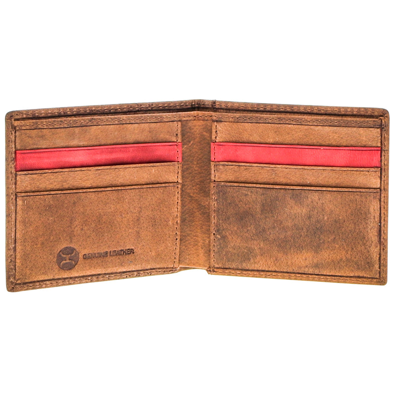 inside of brown leahter wallet with red card inserts