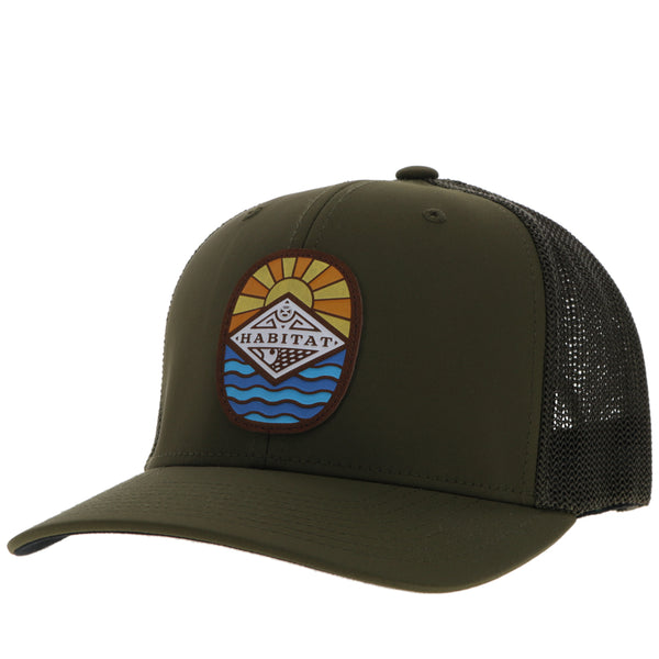 front of Olive Hooey Habitat hat with sun over water artwork patch