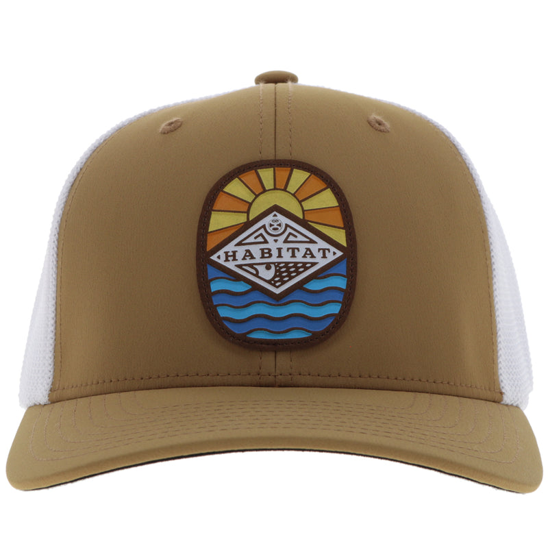 front of tan and white Hooey Habitat hat with sun over water artwork patch