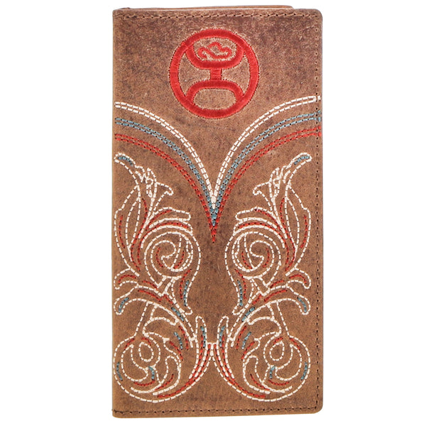 natural leather bi-fold with red Hooey logo, and red/white/blue embroidered design
