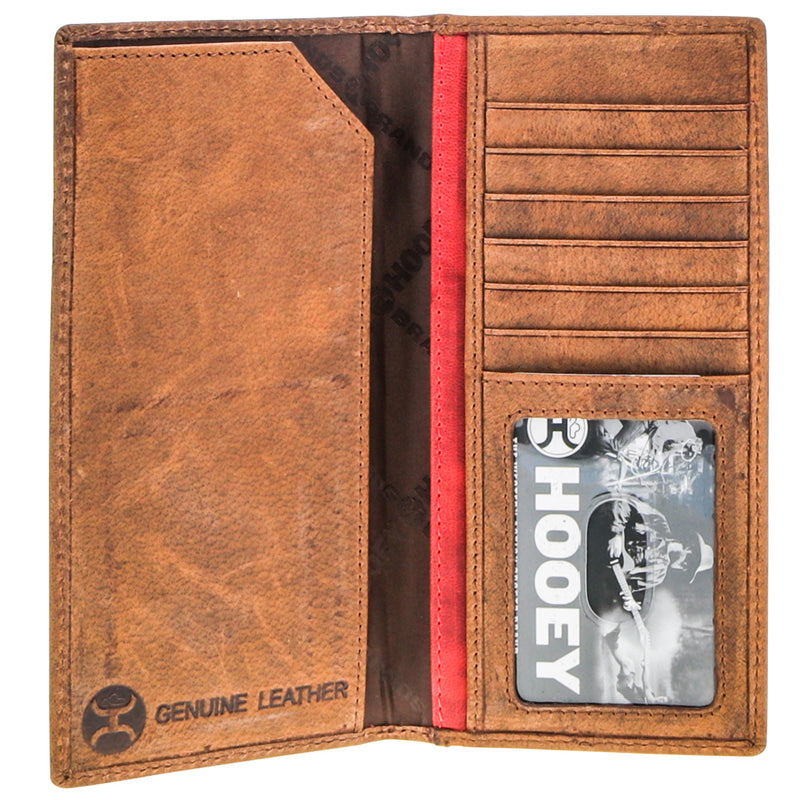 inside of light tan leather bi-fold with dark brown, black, and red Hooey logo lining
