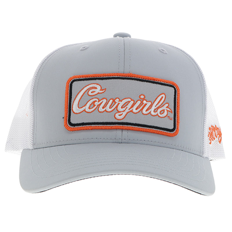 front view of grey and white cap with orange, black, and white Cowgirls patch
