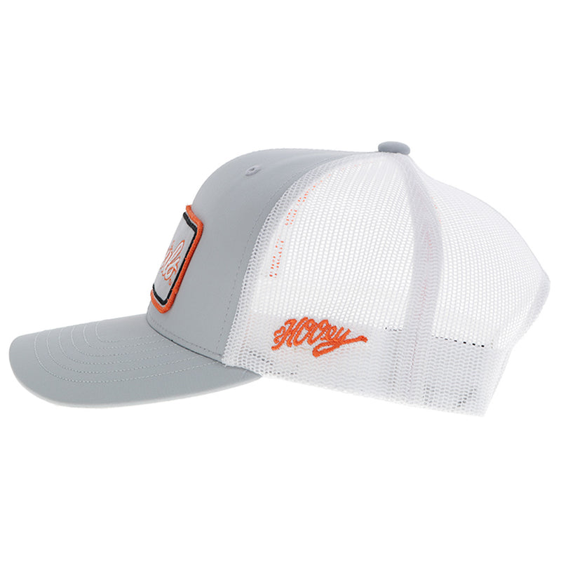 left side view of grey and white cap with orange Hooey logo