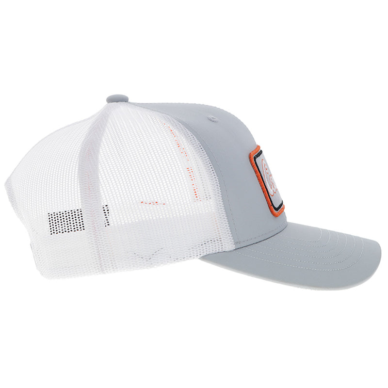 right side view of grey and white cap