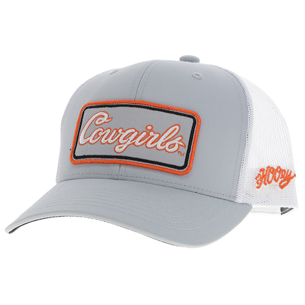 profile view of grey and white cap with orange hooey logo on side and orange, black, white Cowgirls patch