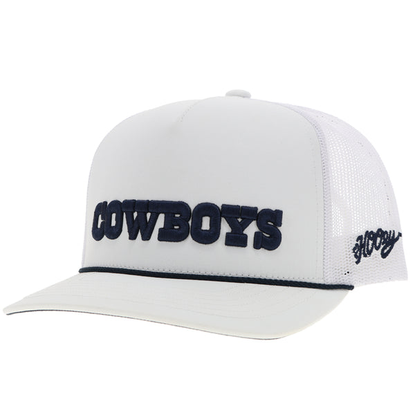 profile of white Dallas Cowboys x Hooey hat with blue Cowboys embossed patch across front, blue rope detail in crease and blue Hooey logo on side