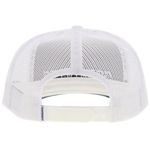 back of white on white Dallas Cowboys x Hooey hat with blue and white cowboys tag