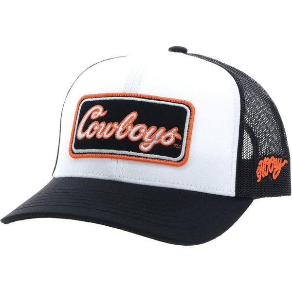 Youth Oklahoma State University white and black hat with orange and black patch
