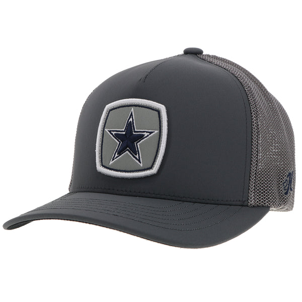 grey, flexfit, cowboys x Hooey hat with blue, grey, and white star logo patch