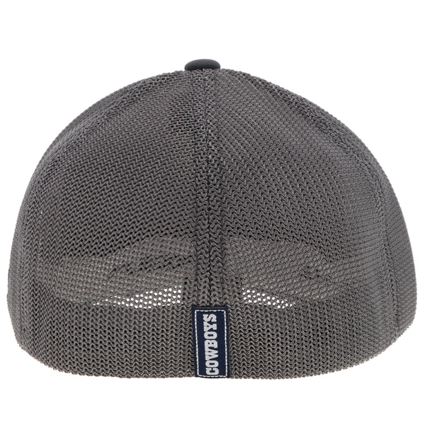 back of grey hat with mesh and Cowboys logo tag