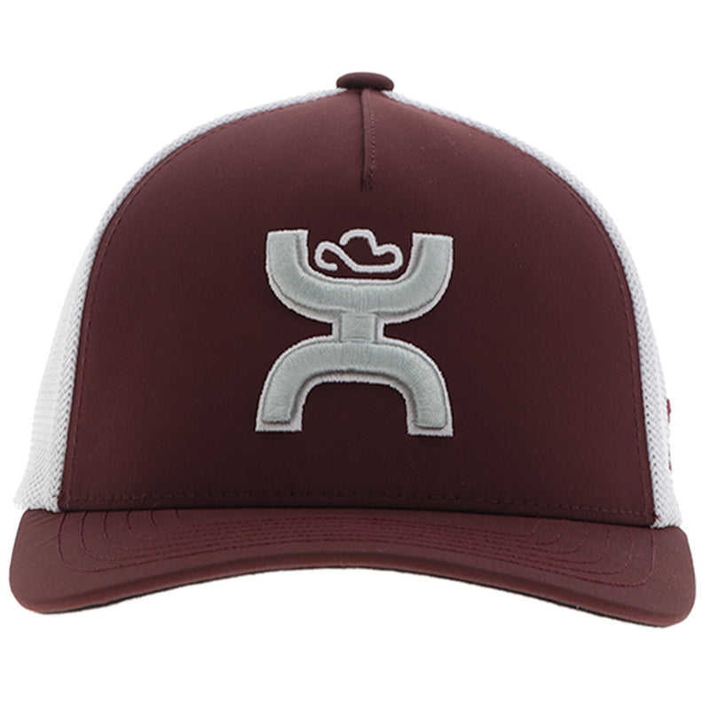 front view of maroon and white cap with silver Hooey logo