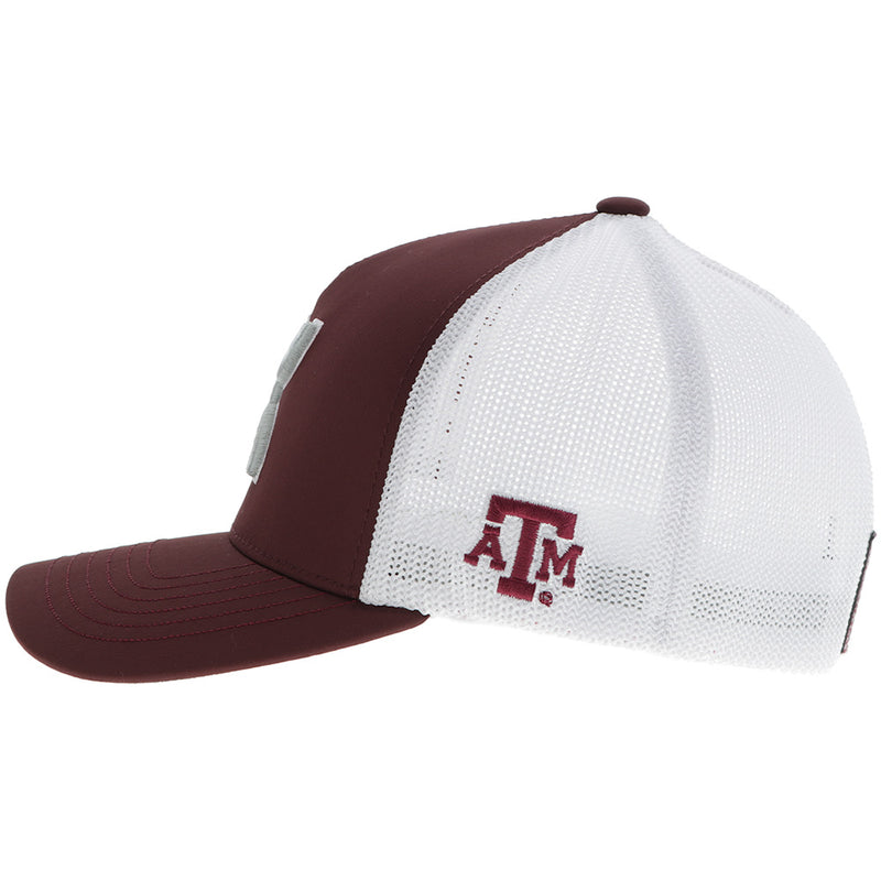 left side view of maroon and white cap with Texas A&M logo