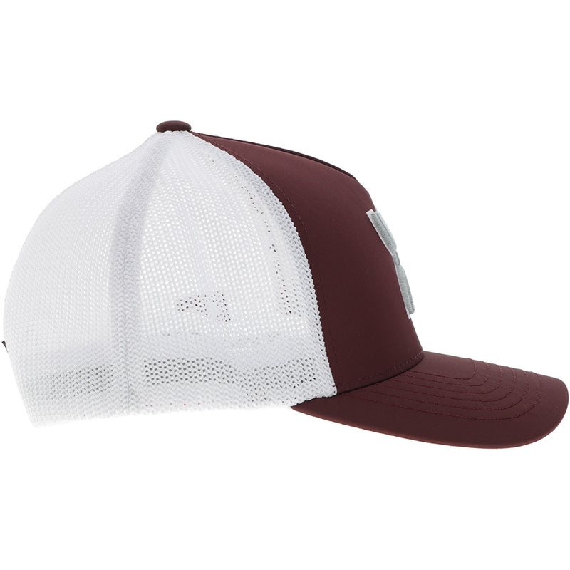 right side view of maroon and white cap